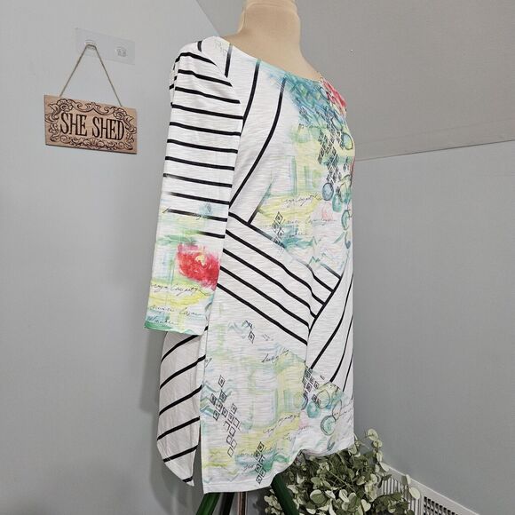 Zenergy by Chico's White Multi Stripe Floral Tunic 3/4 Sleeve Top Size Medium - Picture 2 of 14